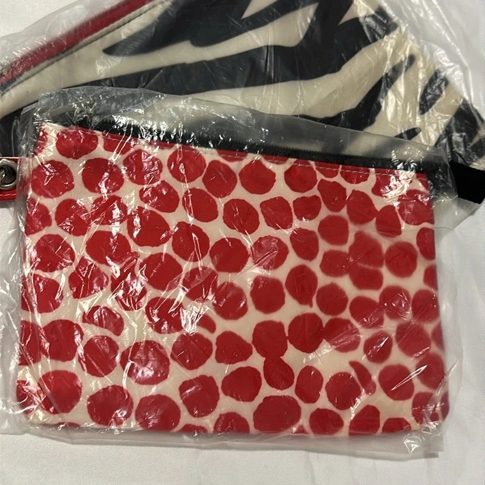 Set of 2 Canvas Zipper Pouches Zebra Stripe and Red Polka Dot Travel Bags
